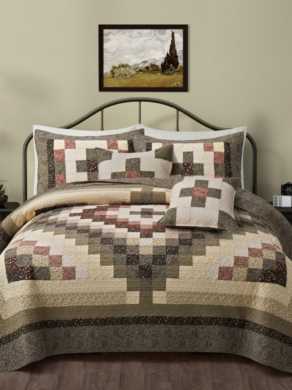 5 Peice Patchwork Queen Size Quilt Green Cotton Comforter Set